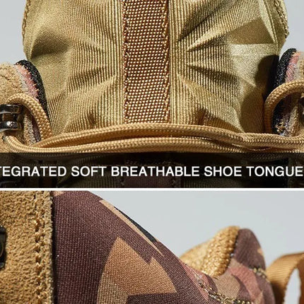 Close-up of TerraShield hiking boot featuring an integrated soft breathable shoe tongue for comfort.