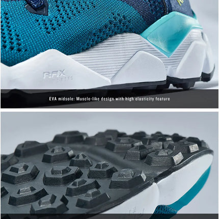 Close-up of RAX FlexTrail running shoes showing EVA midsole and durable, anti-slip rubber outsole for enhanced performance.