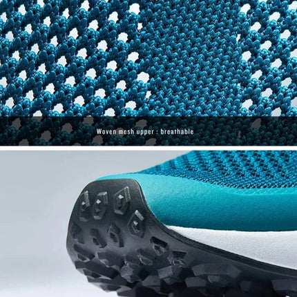 Close-up of FlexTrail running shoe showing breathable mesh upper and anti-hitting toe cap for enhanced protection and comfort.