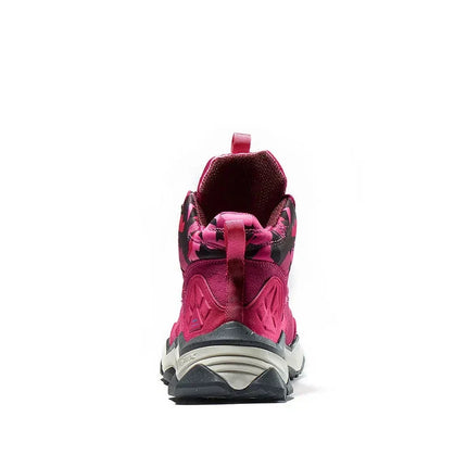 Back view of pink TerraShield RAX women's hiking boot with suede upper and rubber sole for outdoor activities.