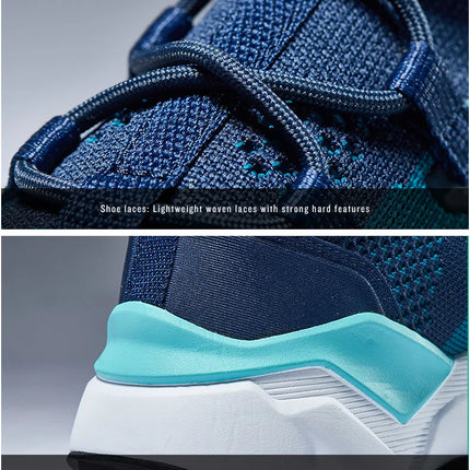 Close-up of blue FlexTrail running shoes with strong woven laces and ankle protection design for advanced-level runners.