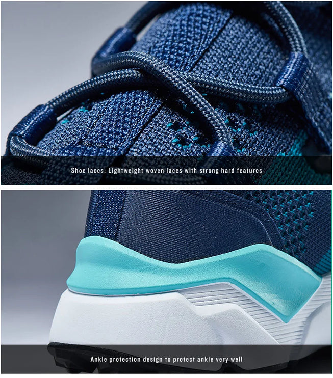Close-up of blue FlexTrail running shoes with strong woven laces and ankle protection design for advanced-level runners.