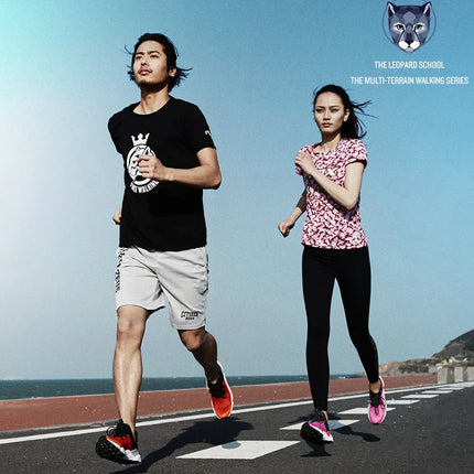 Two people jogging outdoors wearing FlexTrail RAX unisex running shoes, showcasing lightweight design and flexibility.
